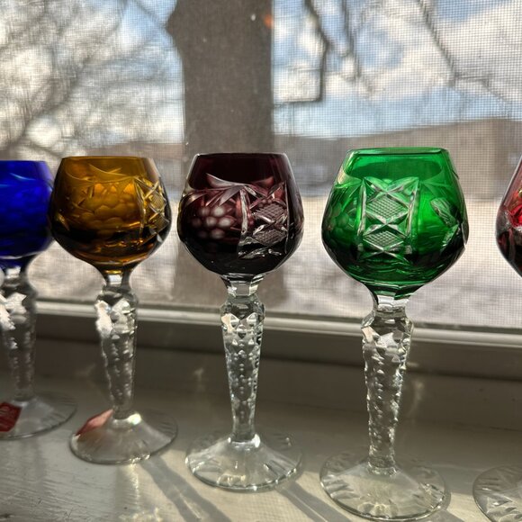 Set of 6 AJKA bohemian crystal cut to clear cordial small wine glasses NEW - Picture 10 of 10